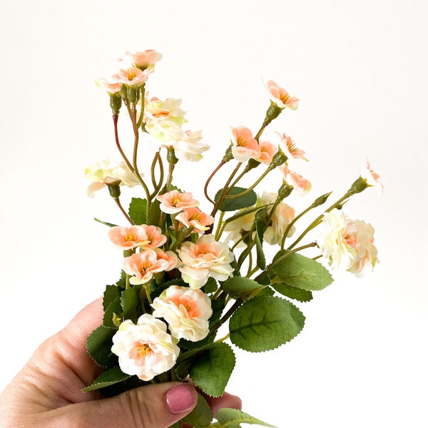 Primroses - 6 Short Stems Artificial Pompon Roses in White and Bright Coral - Small Roses, Small Flowers, Artificial Flowers - ITEM 0423