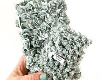 100 Open Rose Mulberry Paper Flowers in Dusty Blue - 10-25mm- CHO0SE SIZE - Paper Roses - Blue Open Roses, Roses, Antique blue paper flower