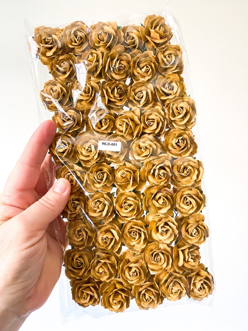 50 Small Wild Roses Mulberry Paper in Old Gold Vintage Mustard 30mm Paper Flowers, Paper Roses, Mulberry Roses Mustard ITEM 01376 image 2