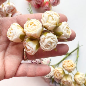 12 Mini Felt Rose Flowers on Wire Stems Artificial Flowers, Tea Rose, Mini Flowers CHOOSE COLOR LT. Yellow - 1435