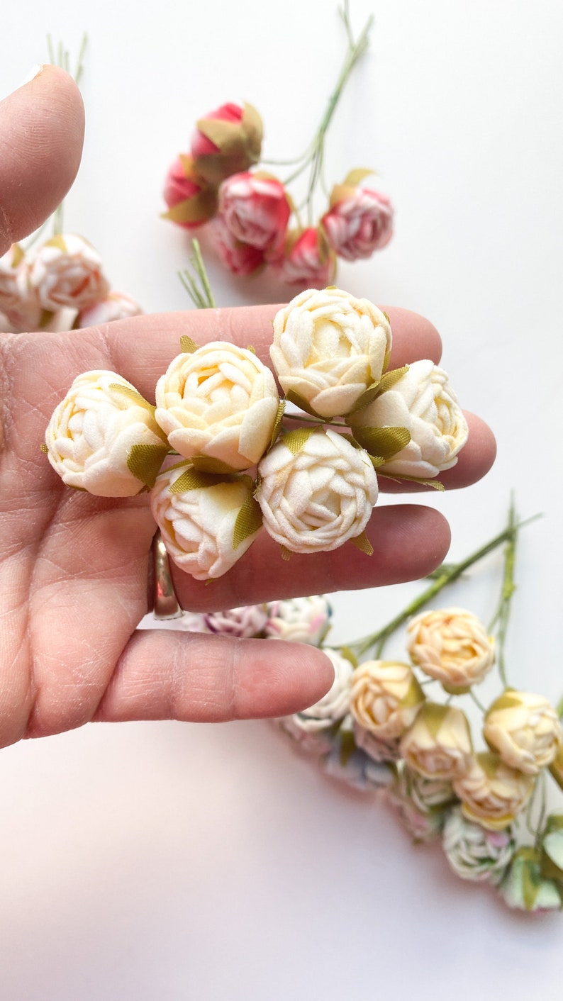 12 Mini Felt Rose Flowers on Wire Stems Artificial Flowers, Tea Rose, Mini Flowers CHOOSE COLOR LT. Yellow - 1435