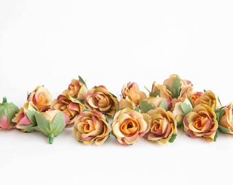 30 Mini Roses in Vintage Yellow and Mauve - SMALL Artificial Roses -see description- ITEM 01233