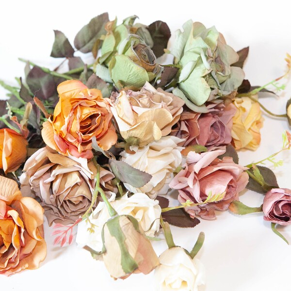 3 Vintage Inspired Shabby Chic Roses on Short Stems - CHOOSE COLOR - Artificial Flowers, Artificial Roses, Dry Look Roses