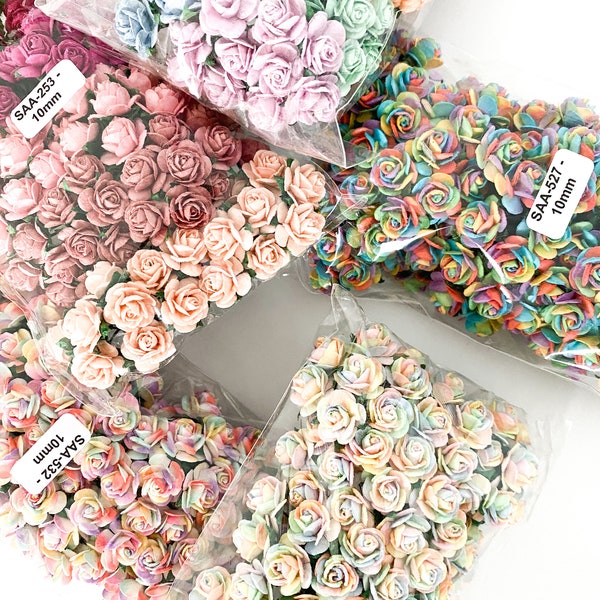 100 Open Rose Mulberry Paper Flowers - CHOOSE COLOR - 10mm - Artificial Flowers, Tiny Paper Roses - Rainbow, Mix, Pink Tones