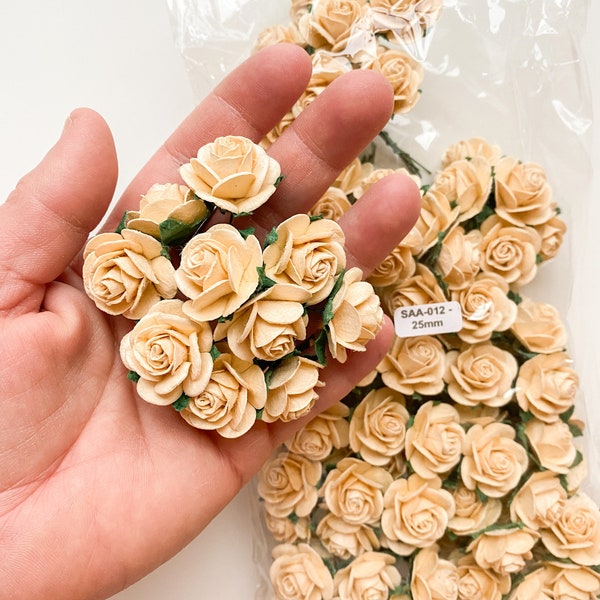 100 Open Rose Mulberry Paper Flowers in Deep Cream - 10-25mm - Paper Roses - Cream Paper Roses, Dark Cream Roses, Tiny Cream Roses