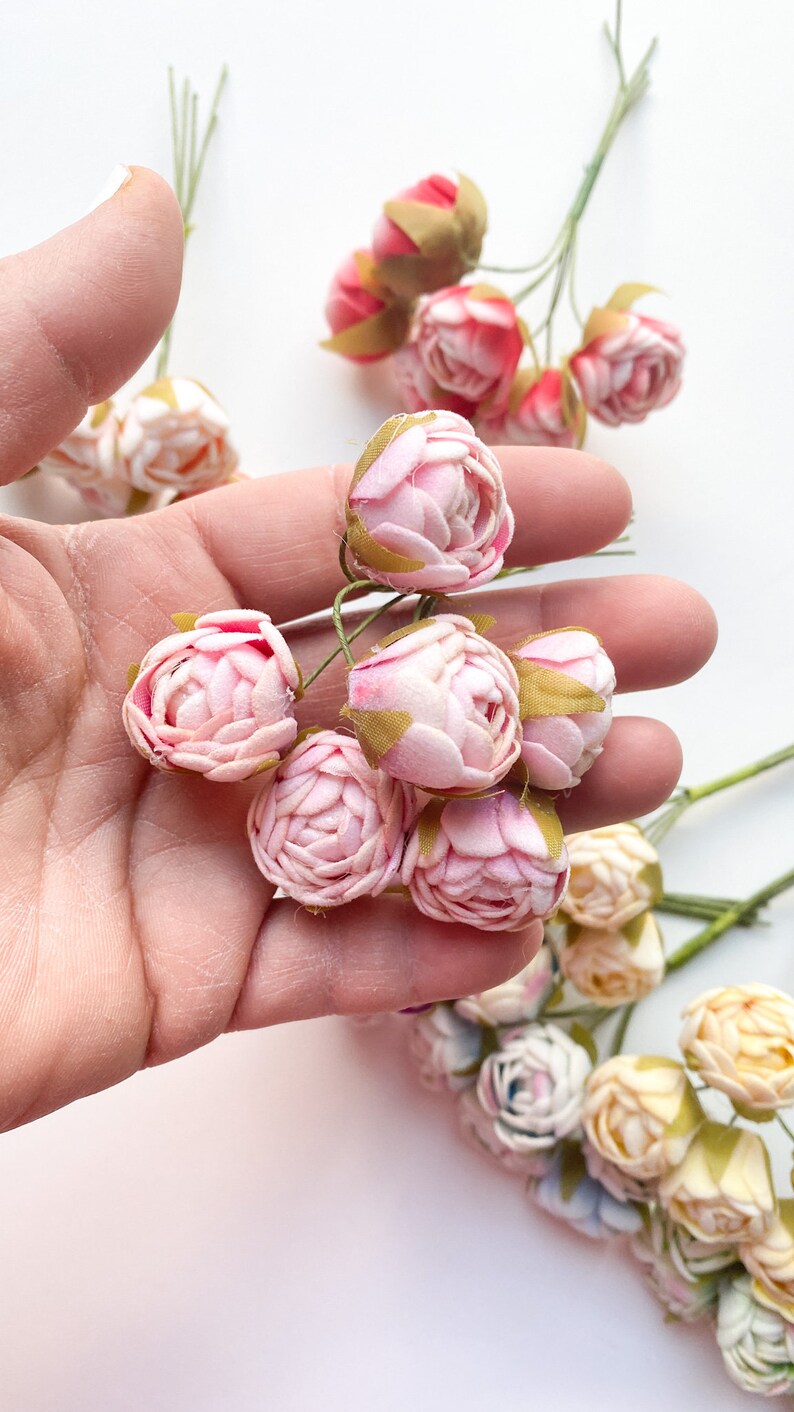 12 Mini Felt Rose Flowers on Wire Stems Artificial Flowers, Tea Rose, Mini Flowers CHOOSE COLOR Pink - 0431