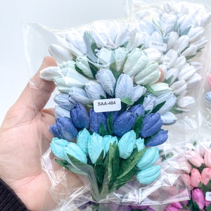 50 Small Tulip Mulberry Paper Flowers WITH Leaves on Wire Stems CHOOSE COLOR Paper Flowers Tiny Paper Tulips Blue Mix - 01666