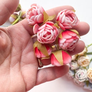 12 Mini Felt Rose Flowers on Wire Stems Artificial Flowers, Tea Rose, Mini Flowers CHOOSE COLOR Red - 01266
