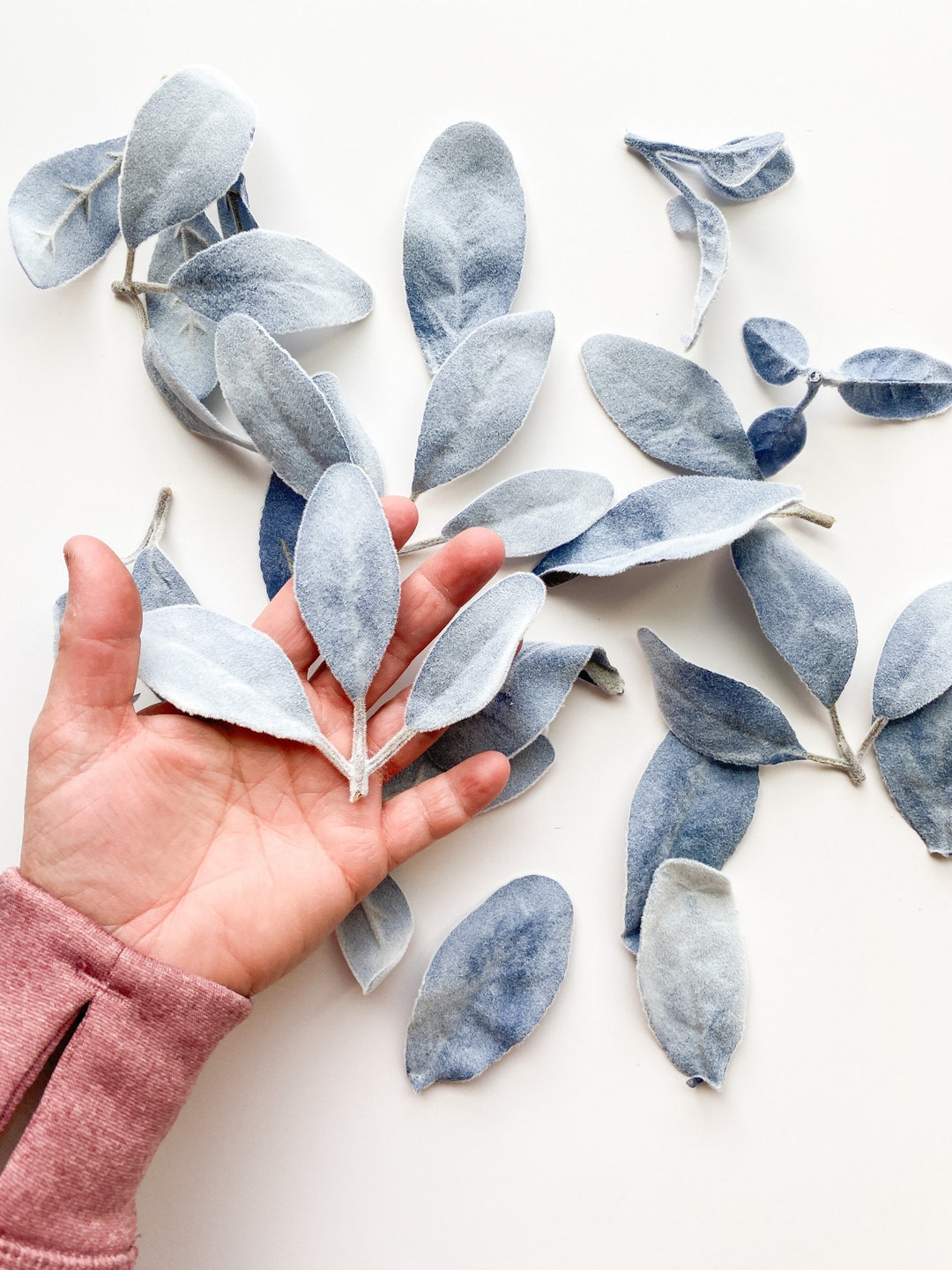 17 Pieces Lambs Ear Leaf Foliage in Periwinkle, Blue Tones Artificial
