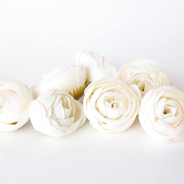 10 Small Ranunculus in Ivory White with a Touch of Pink - silk artificial flower - ITEM 01285
