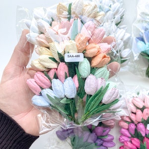 50 Small Tulip Mulberry Paper Flowers WITH Leaves on Wire Stems CHOOSE COLOR Paper Flowers Tiny Paper Tulips Pastel Mix - 01665