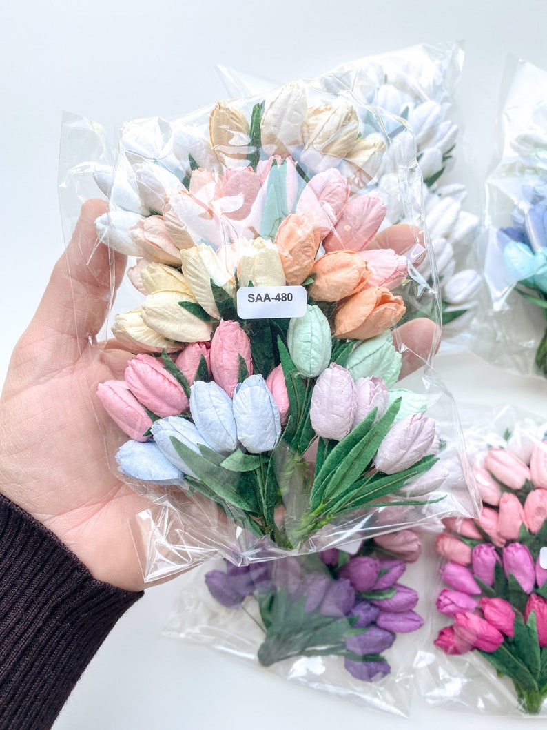 50 Small Tulip Mulberry Paper Flowers WITH Leaves on Wire Stems CHOOSE COLOR Paper Flowers Tiny Paper Tulips Pastel Mix - 01665