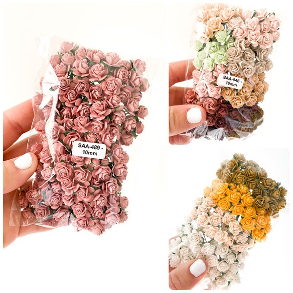 100 Open Rose Mulberry Paper Flowers - CHOOSE COLOR - 10mm - Artificial Flowers, Tiny Paper Roses - Mauve, Vintage or Earth Tones