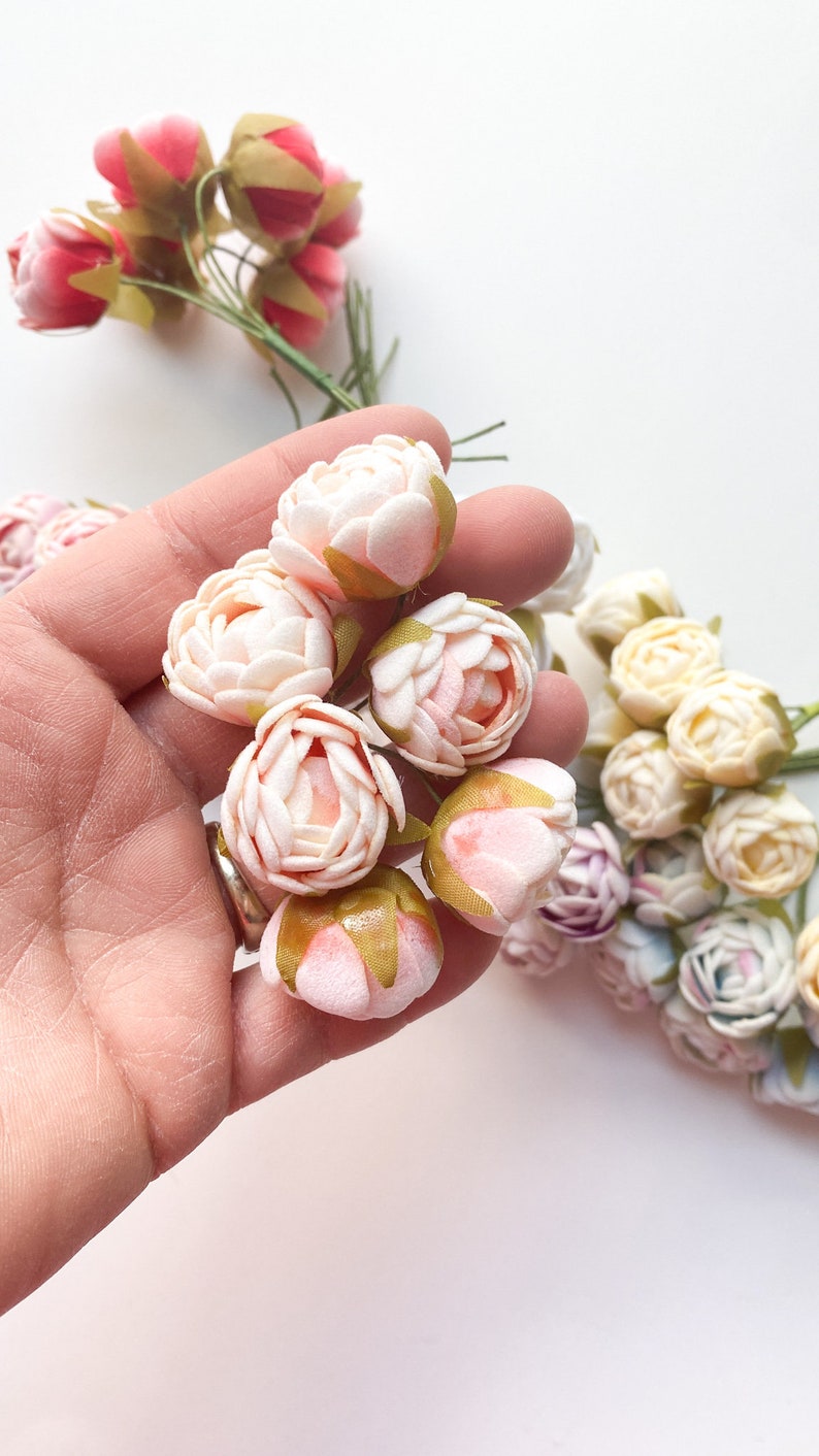 12 Mini Felt Rose Flowers on Wire Stems Artificial Flowers, Tea Rose, Mini Flowers CHOOSE COLOR Light Pink - 01510