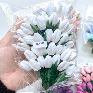 50 Small Tulip Mulberry Paper Flowers WITH Leaves on Wire Stems CHOOSE COLOR Paper Flowers Tiny Paper Tulips White - 01664