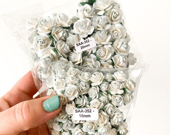 50 Open Rose Mulberry Paper Flowers in White and Blue - 10-20mm- CHO0SE SIZE - Paper Roses - Blue Open Roses, Roses, Light blue paper flower