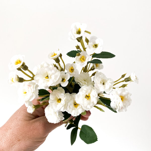 Primroses - 6 Short Stems Artificial Pompon Roses in White - Small White Roses, Small White Flowers, Artificial Flowers - ITEM 01322