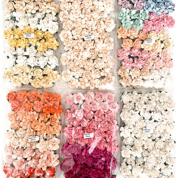 50 Small Cottage Rose Mulberry Paper Flowers - 25 mm- CHOOSE COLOR - Paper Roses - Peach, White, Yellow, Nude, Pink, Spring, Pastel