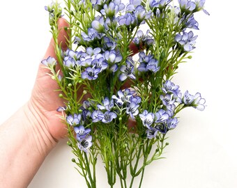 6 Stems Wax Flower Mini Flowers in Purple plus Foliage - Artificial Flowers, DIY Bouquet Flower Crown Supplies - ITEM 01170