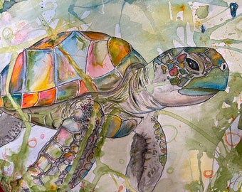 Turtle, sea turtle on canvas with acrylic