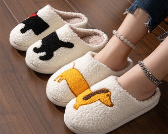 Cute Cartoon Dog Dachshund Pattern Slippers, Casual Slip On Plush Lined Shoes, Comfortable Indoor Slippers