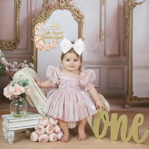 May include: A little girl in a pink dress with a matching bow in her hair. The dress has puffy sleeves and a layered skirt. The background includes a decorative mirror and the words "Sweet Princess Cake Smash Wonderland". A gold-colored "one" is on the floor.
