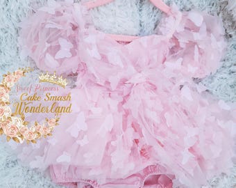 Pink Butterfly Romper dress, first birthday outfit, baby girl romper, butterfly birthday outfi, pink butterfly cake smash dress, pink dress