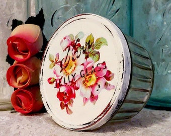 cottagecore wild rose garden upcycled kerr jelly jar with decorative tin lid shabby chic country reclaimed vintage canning antique glass
