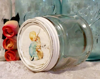 vintage kerr wide mouth squat pint mason canning fruit jar shabby white antique lid boy bunny rabbit distressed chic cottage home decorative