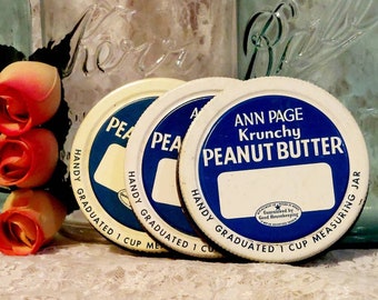 3 ann page vintage krunchy peanut butter metal food jar lids crunchy good housekeeping seal advertising grocery blue white graphics three