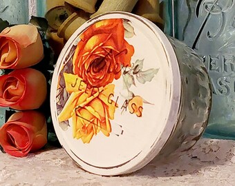 seconds yellow rose shabby chic cottagecore reclaimed vintage kerr jelly glass jar and decorative lid upcycled repurposed country garden