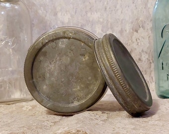 two vintage wide mouth zinc freezer & refrigerator jar caps lids for tapered fruit canning mason jars metal screw working threads unembossed