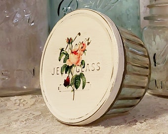 salvaged mismatched upcycled kerr jelly glass jar tin lid repurposed shabby chic cottage white pink rose home decor reclaimed rustic vintage