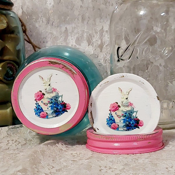 2 cottagecore handmade tea garden upcycled fruit jar lids bunny rabbit shabby chic pink reclaimed vintage regular mouth decorative mason top