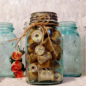 blue ball mason jar filled with wood spools old farmhouse canning cottagecore home decor rustic sewing room gift for quilt maker seamstress image 1