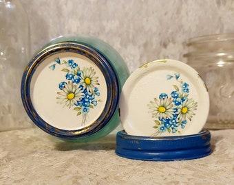 2 regular mouth daisy decorative fruit jar lids sapphire blue bands shabby chic cottage home decor mason reclaimed vintage she shed kitchen