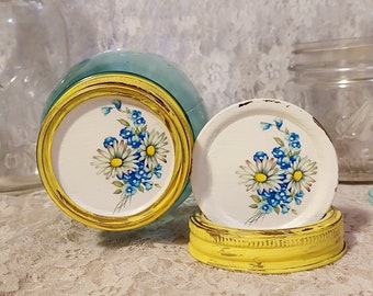 2 daisy reclaimed vintage fruit jar lids yellow bands shabby chic cottage home decor she shed upcycled repurposed ball kerr mason canning