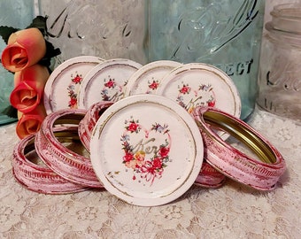 5 upcycled repurposed victorian cottagecore reclaimed vintage valentine mason kerr jar canning lids bands shabby chic cottage pink decor