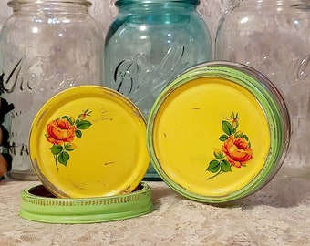 2 bright yellow red roses wide mouth repurposed reclaimed vintage Kerr mason fruit jar lids shabby cottage chic retro home decor upcycled