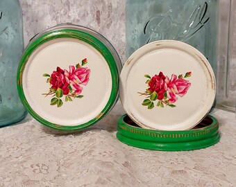 2 wide mouth canning lids upcycled repurposed shabby chic cottage she shed home decor pink roses reclaimed vintage green mason fruit jars