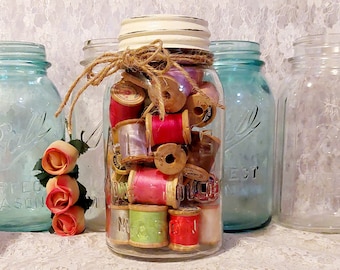 mason jar filled with wooden spools antique rustic sewing room farmhouse home decor decorative zinc lid hazel atlas glass country canning