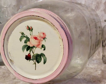 half gallon big ball mason wide mouth storage canister canning jar decorative upcycled redoute rose lid vanilla pink kitchen she shed decor