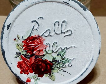 red shabby cottage chic romantic roses upcycled vintage ball jelly glass jar repurposed white decorative tin zinc lid she shed home decor