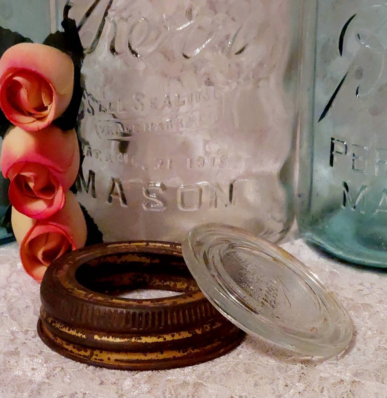 kerr glass insert lid metal band round half pint antique canning fruit mason jar cottagecore display collectible rustic kitch decor she shed image 10
