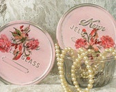 two upcycled vintage kerr jelly glass jars shabby chic pink cottage roses dogwood french apartment glitter repurposed upcycled metal tin lid