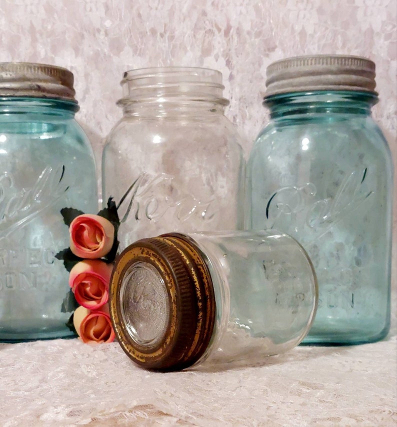 kerr glass insert lid metal band round half pint antique canning fruit mason jar cottagecore display collectible rustic kitch decor she shed image 1