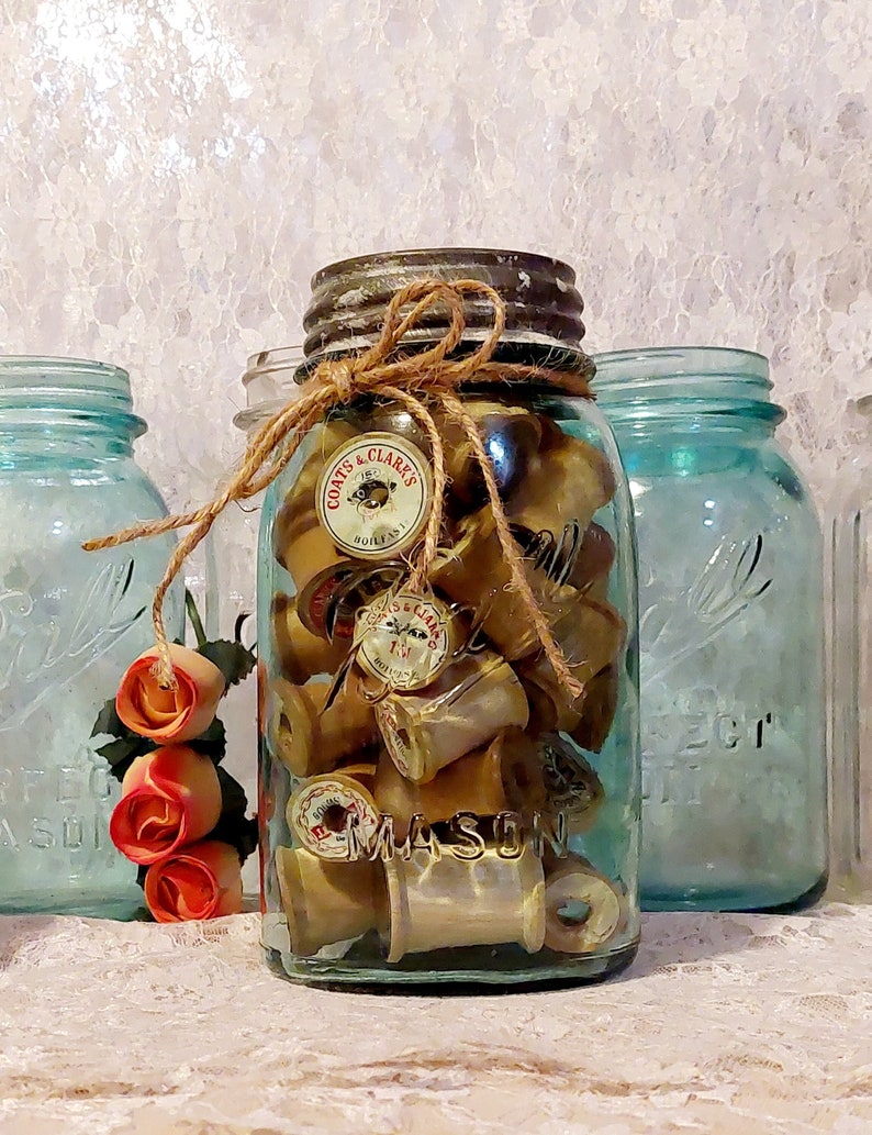 blue ball mason jar filled with wood spools old farmhouse canning cottagecore home decor rustic sewing room gift for quilt maker seamstress image 1