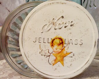 christmas gift home decor vintage jar kerr jelly glass white gold glitter angel star cottage shabby chic farmhouse decorative tin lid