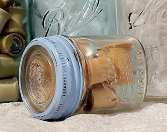 Kerr half pint rustic farmhouse canning mason jar prim home decor antique wooden spools glass insert lid she shed sewing quilter gift cabin
