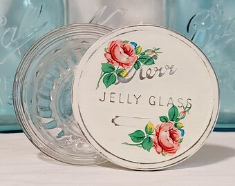 Cottage décoratif rétro shabby chic kerr jelly bocal en verre avec couvercle en étain roses rouges crème ferme dont elle a perdu le rangement recyclé récupéré vintage
